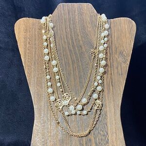 Elegant Gold Tone and Imitation Pearl Three Strand Necklace